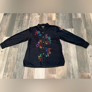 Bob Mackie Wearable Art Women’s ABC’s Button Up Embordiery Crayon Teacher Sz L